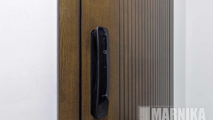 Современный стиль: входная дверь с умным замком в шпоне дуба, межкомнатные двери с алюминиевой кромкой и молдингами