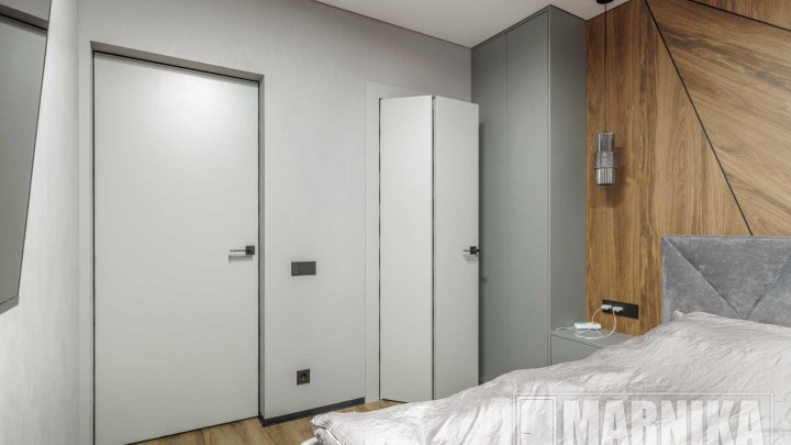 Дверь-книга, двери скрытого монтажа, входная дверь в покрытии "Травертин" (90)