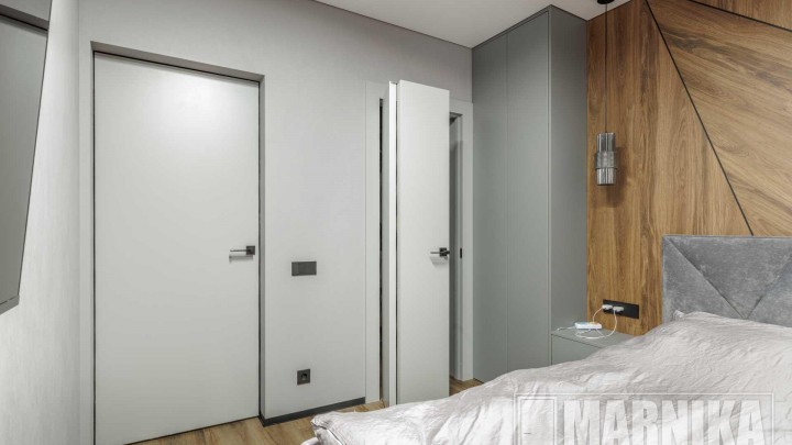 Дверь-книга, двери скрытого монтажа, входная дверь в покрытии "Травертин"